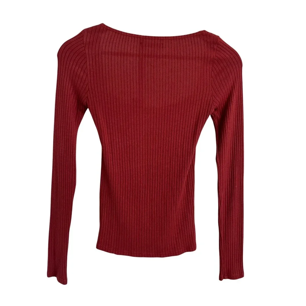 Reformation Bethany Ribbed Square Neck Long Sleeve Top Rust Orange SZ XS